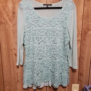 Mint Green Lacey Top Large Anne French Layered Long Sleeve Blouse